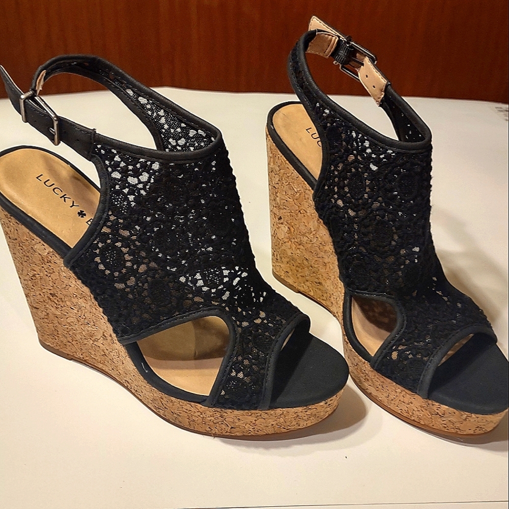 Lucky Brand Lacy Cork Wedge Heel Sz. 7.5M/37.5 Black